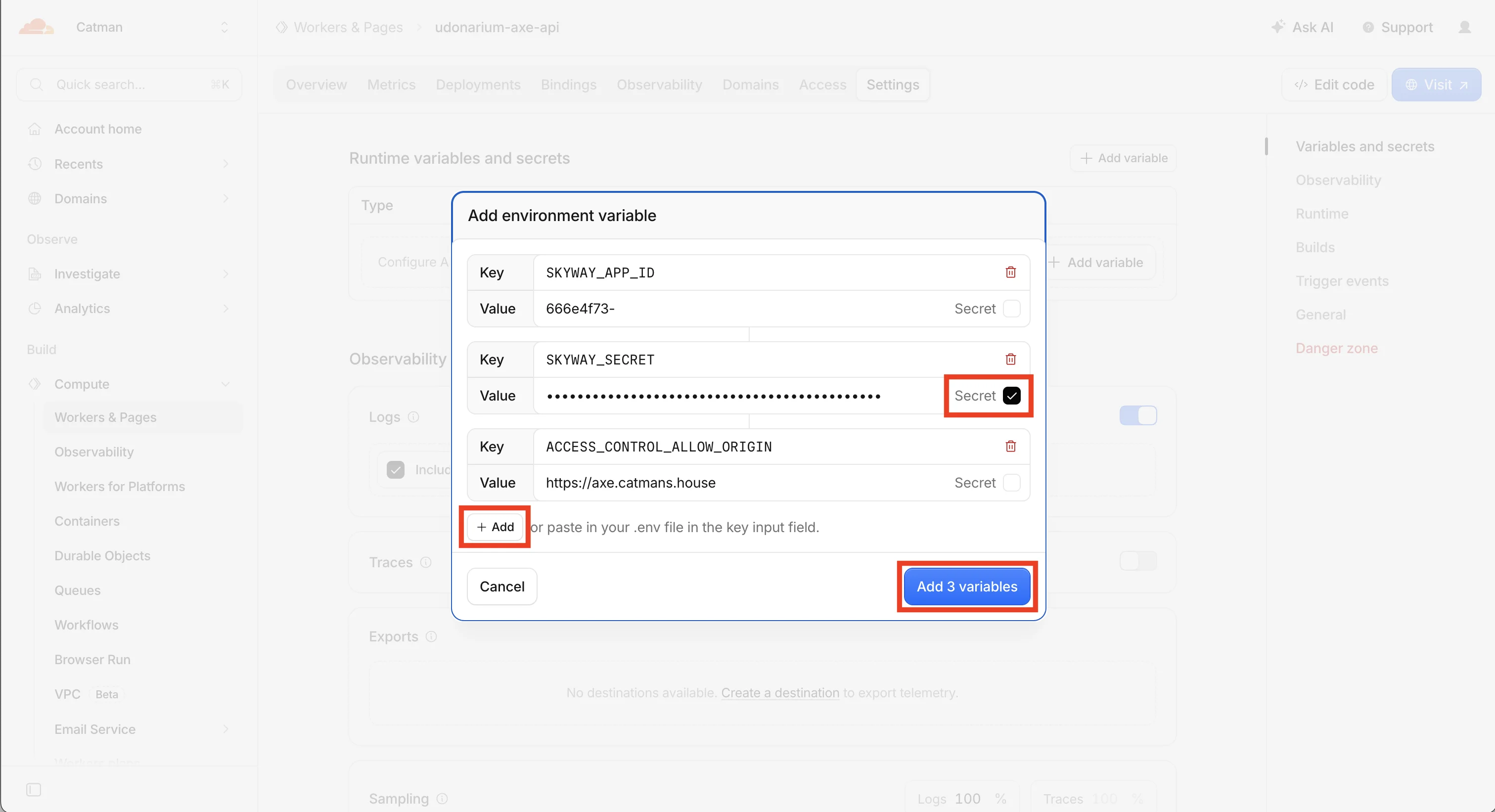 Worker の Variables と Secrets を設定 / 「+Add」ボタンを押すと3つまとめて追加可能 